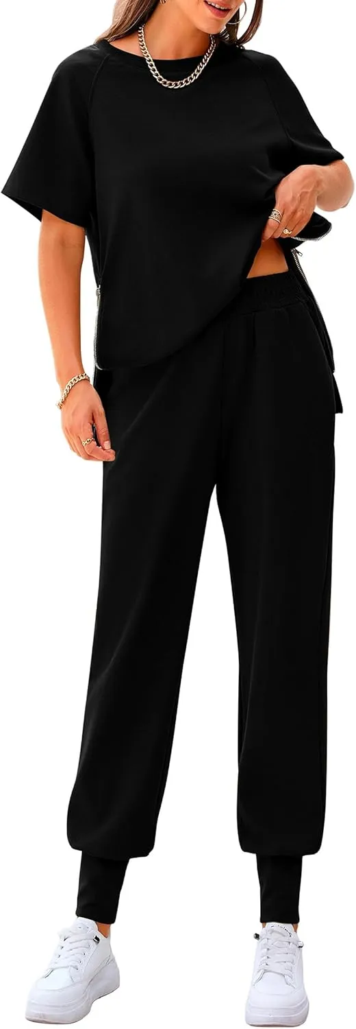 PRETTYGARDEN Women's Summer 2 Piece Outfit Tracksuits Casual Short Sleeve Tops High Waisted Sweatpants Set