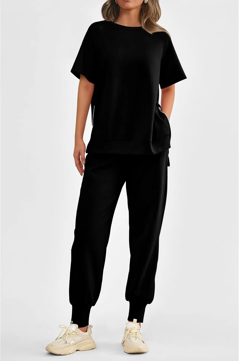 PRETTYGARDEN Women's Summer 2 Piece Outfit Tracksuits Casual Short Sleeve Tops High Waisted Sweatpants Set