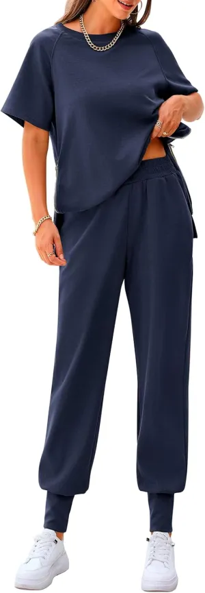 PRETTYGARDEN Women's Summer 2 Piece Outfit Tracksuits Casual Short Sleeve Tops High Waisted Sweatpants Set