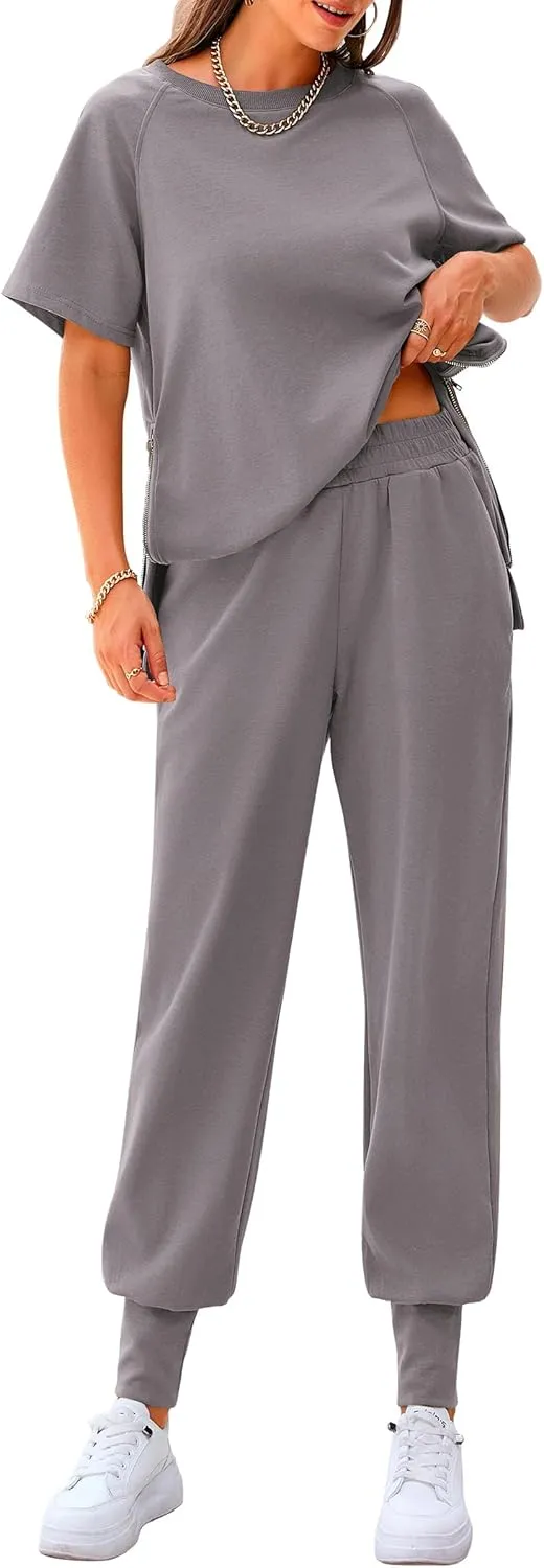 PRETTYGARDEN Women's Summer 2 Piece Outfit Tracksuits Casual Short Sleeve Tops High Waisted Sweatpants Set