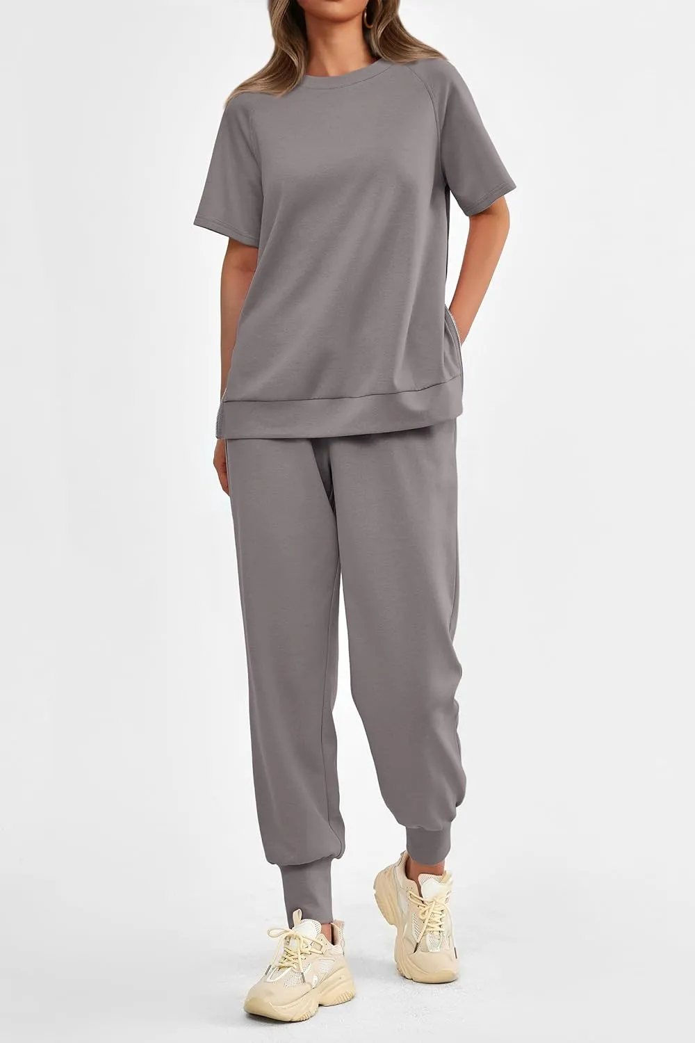 PRETTYGARDEN Women's Summer 2 Piece Outfit Tracksuits Casual Short Sleeve Tops High Waisted Sweatpants Set