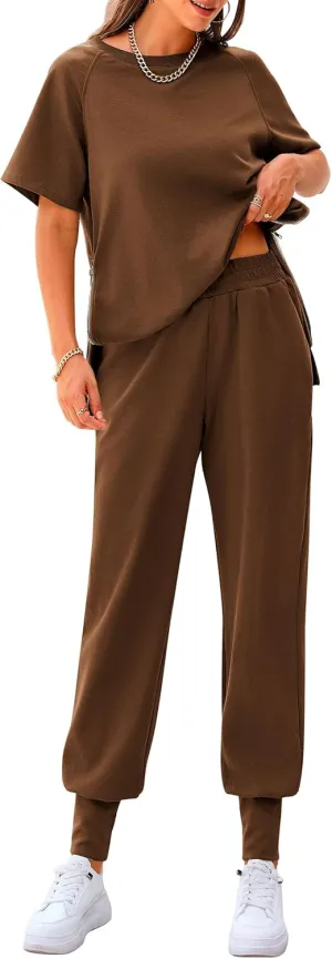 PRETTYGARDEN Women's Summer 2 Piece Outfit Tracksuits Casual Short Sleeve Tops High Waisted Sweatpants Set