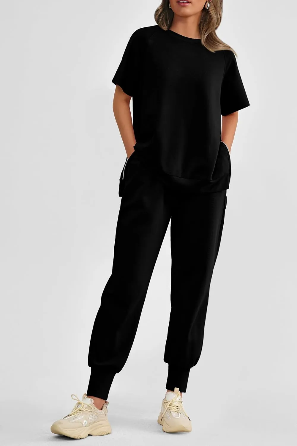 PRETTYGARDEN Women's Summer 2 Piece Outfit Tracksuits Casual Short Sleeve Tops High Waisted Sweatpants Set