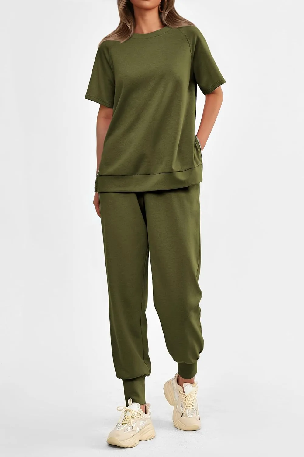 PRETTYGARDEN Women's Summer 2 Piece Outfit Tracksuits Casual Short Sleeve Tops High Waisted Sweatpants Set
