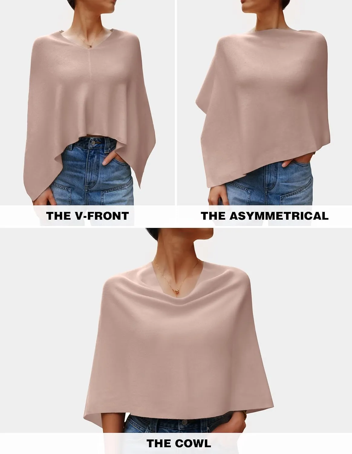 PULI Women Capri Poncho Sweater Slimming Fit Cropped Versatile Shawl Soft Knit Wraps Cowl Neck Short Tops