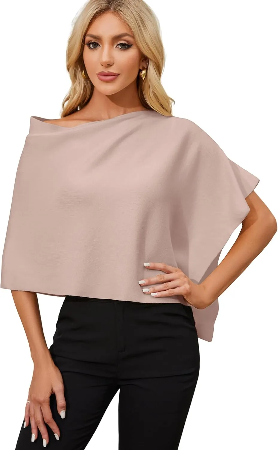 PULI Women Capri Poncho Sweater Slimming Fit Cropped Versatile Shawl Soft Knit Wraps Cowl Neck Short Tops