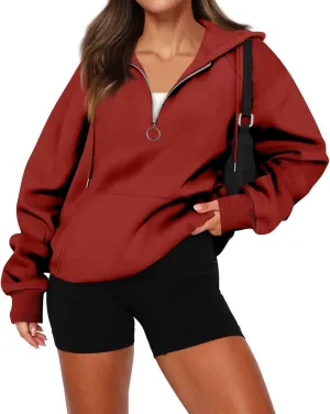 Quarter Zip Pullover Women,2024 Fall Casual Loose Oversized Hoodies Plain Long Sleeve Shirts With Kangaroo Pockets