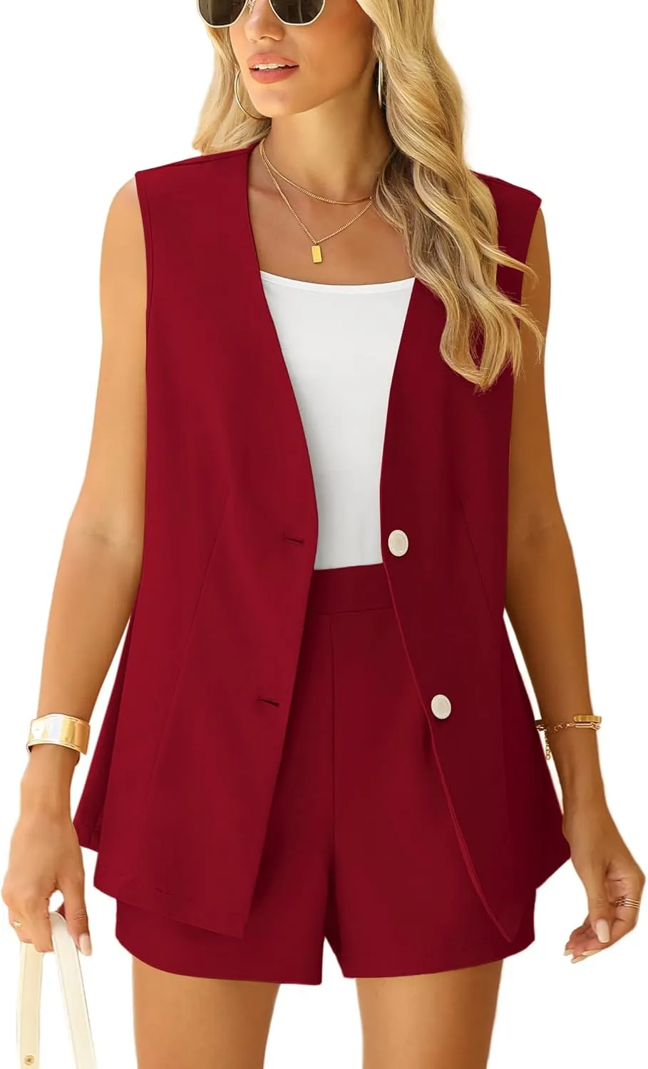 QUEZHU 2 Piece Sets for Women Summer Linen Sleeveless Blazer and Shorts Set 2025 Dressy Casual Outfits Matching Set