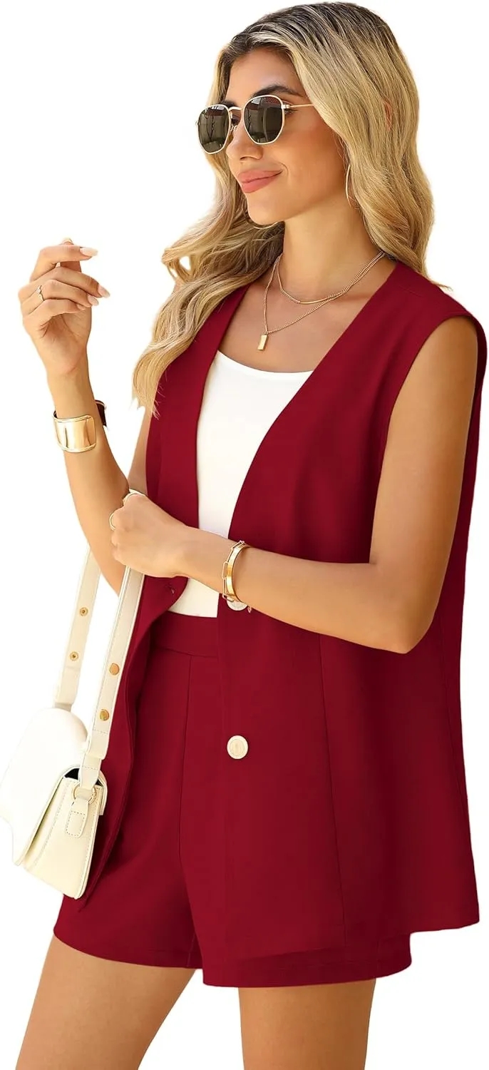 QUEZHU 2 Piece Sets for Women Summer Linen Sleeveless Blazer and Shorts Set 2025 Dressy Casual Outfits Matching Set