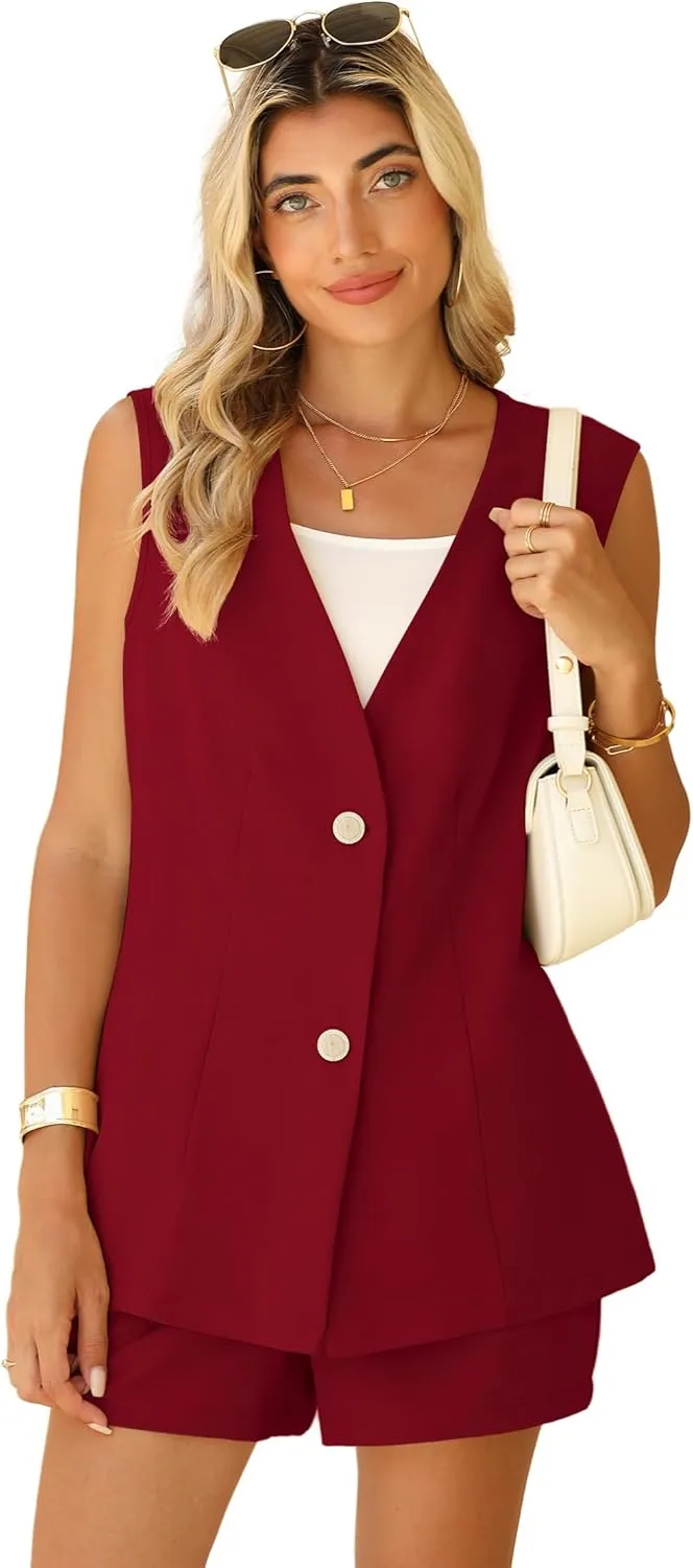 QUEZHU 2 Piece Sets for Women Summer Linen Sleeveless Blazer and Shorts Set 2025 Dressy Casual Outfits Matching Set