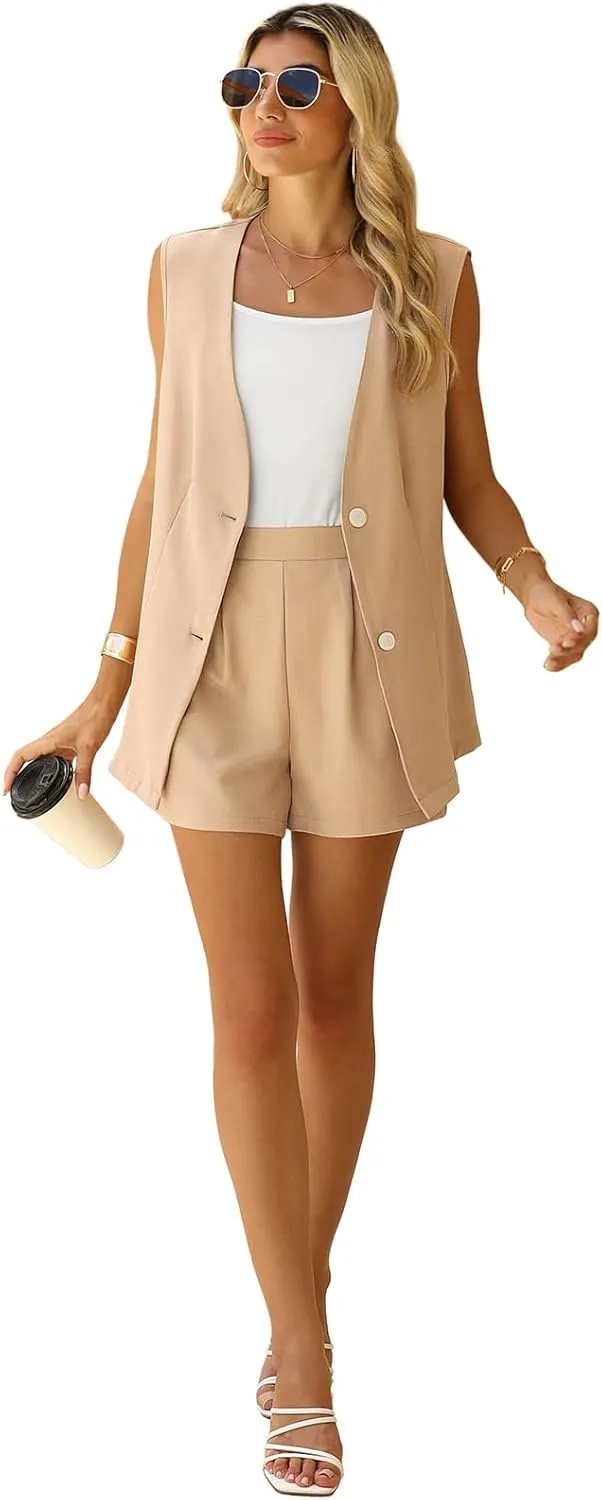 QUEZHU 2 Piece Sets for Women Summer Linen Sleeveless Blazer and Shorts Set 2025 Dressy Casual Outfits Matching Set