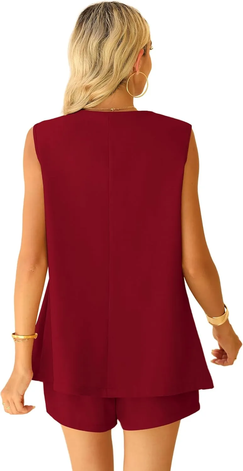 QUEZHU 2 Piece Sets for Women Summer Linen Sleeveless Blazer and Shorts Set 2025 Dressy Casual Outfits Matching Set