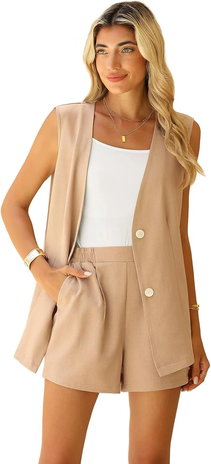 QUEZHU 2 Piece Sets for Women Summer Linen Sleeveless Blazer and Shorts Set 2025 Dressy Casual Outfits Matching Set