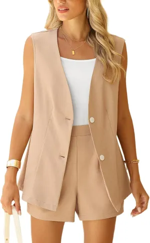 QUEZHU 2 Piece Sets for Women Summer Linen Sleeveless Blazer and Shorts Set 2025 Dressy Casual Outfits Matching Set