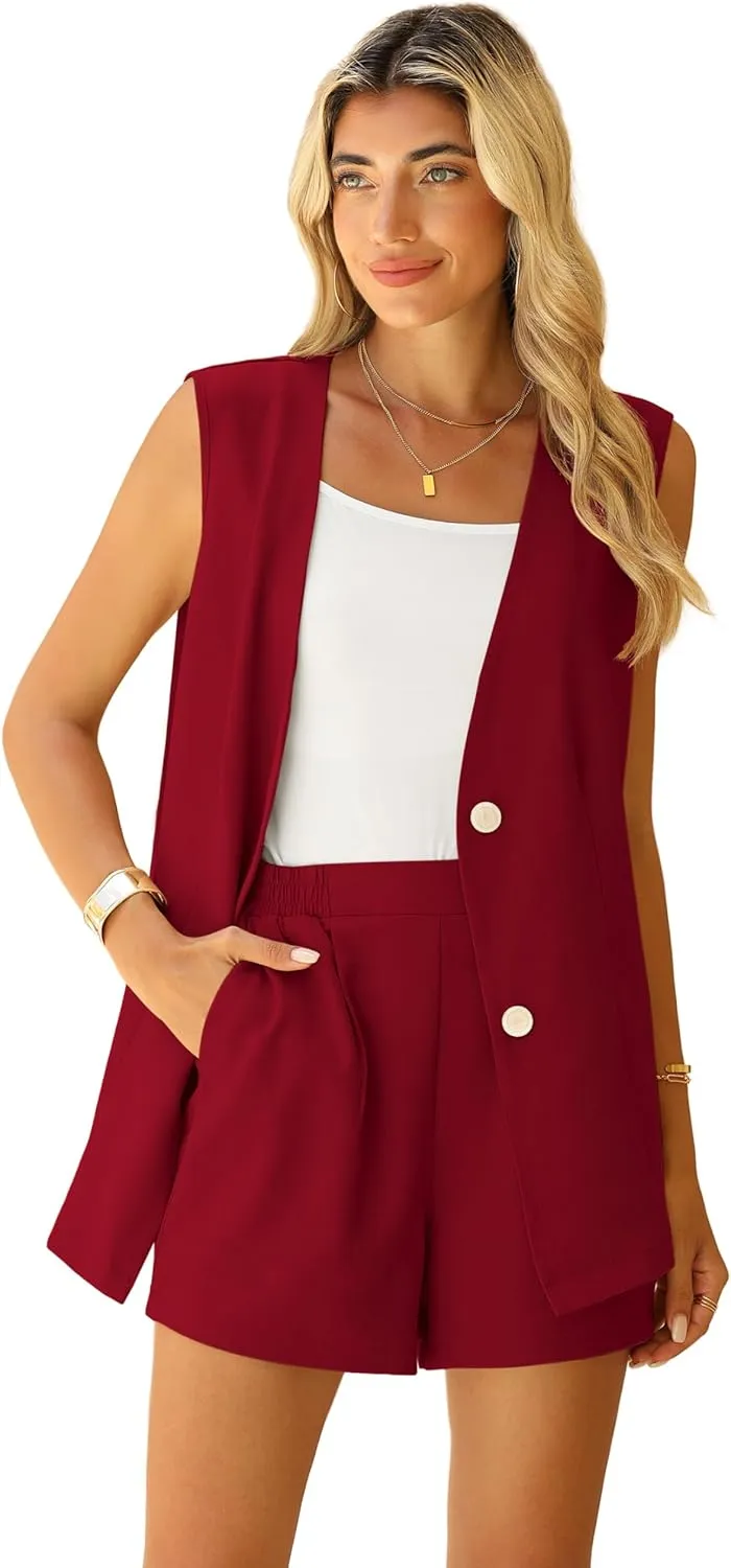 QUEZHU 2 Piece Sets for Women Summer Linen Sleeveless Blazer and Shorts Set 2025 Dressy Casual Outfits Matching Set