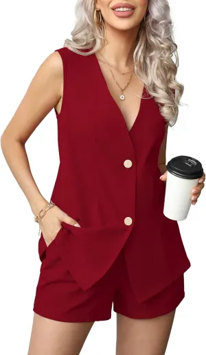 QUEZHU 2 Piece Sets for Women Summer Linen Sleeveless Blazer and Shorts Set 2025 Dressy Casual Outfits Matching Set