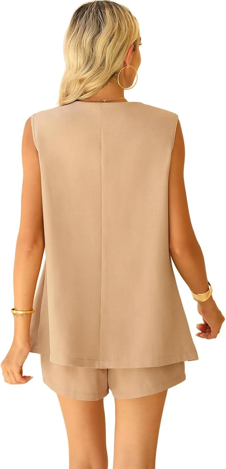 QUEZHU 2 Piece Sets for Women Summer Linen Sleeveless Blazer and Shorts Set 2025 Dressy Casual Outfits Matching Set