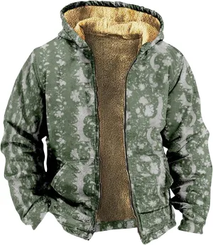 Retro Ethnic Graphic Hoodies Heavyweight Sherpa Fleece Lined Jackets Big Tall Zip Up Sweatshirts For Men With Hood