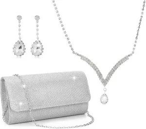 Rhinestone Jewelry Set for Women Sparkly Silver Clutch Purse Wedding Bridal Accessories Rhinestone Necklace Earring Ring Jewelry Set for Wedding Party