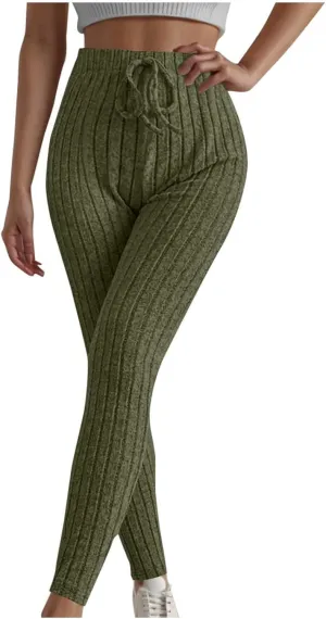 Ribbed Knit Pants for Women 2024 Casual Solid Drawstring Waist Trousers Loose High Waist Tight Hip Lifting Stretch Yoga Pant