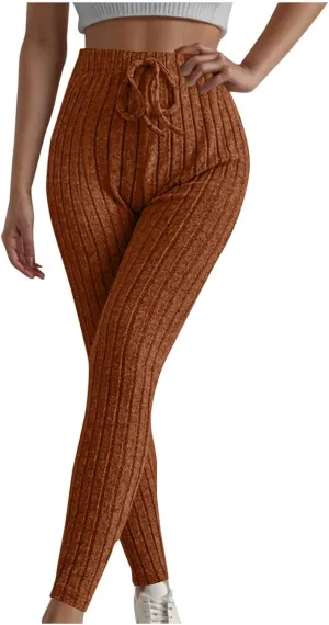 Ribbed Knit Pants for Women 2024 Casual Solid Drawstring Waist Trousers Loose High Waist Tight Hip Lifting Stretch Yoga Pant