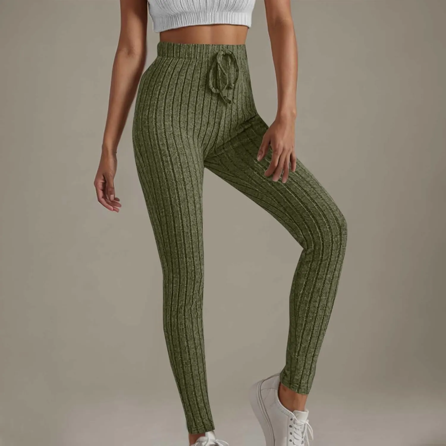 Ribbed Knit Pants for Women 2024 Casual Solid Drawstring Waist Trousers Loose High Waist Tight Hip Lifting Stretch Yoga Pant