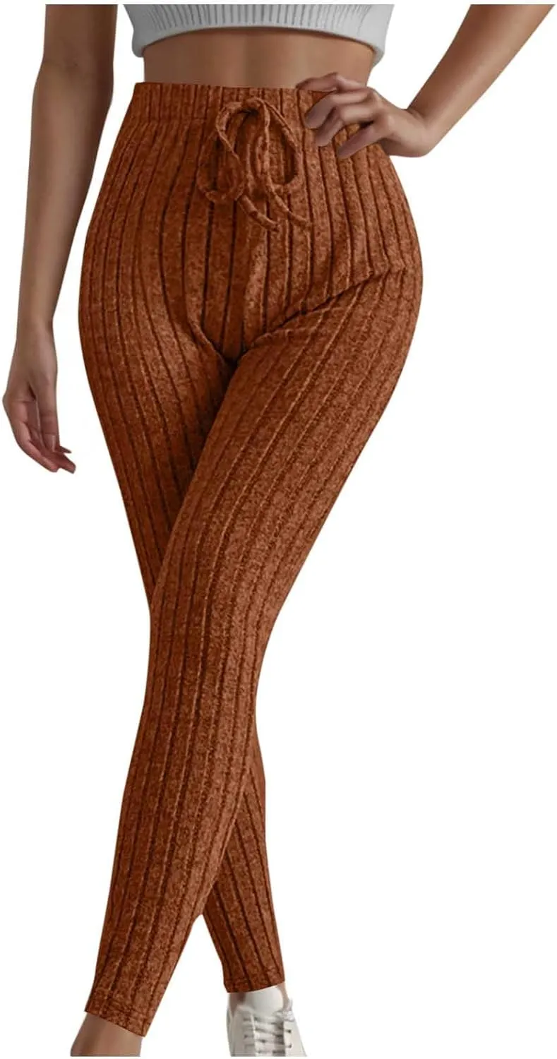 Ribbed Knit Pants for Women 2024 Casual Solid Drawstring Waist Trousers Loose High Waist Tight Hip Lifting Stretch Yoga Pant