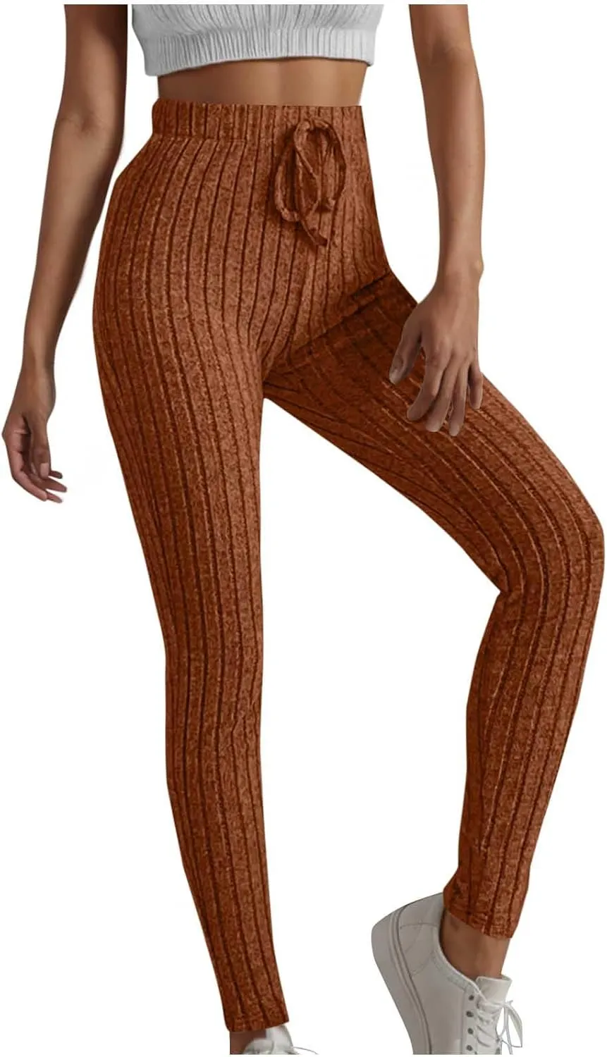 Ribbed Knit Pants for Women 2024 Casual Solid Drawstring Waist Trousers Loose High Waist Tight Hip Lifting Stretch Yoga Pant
