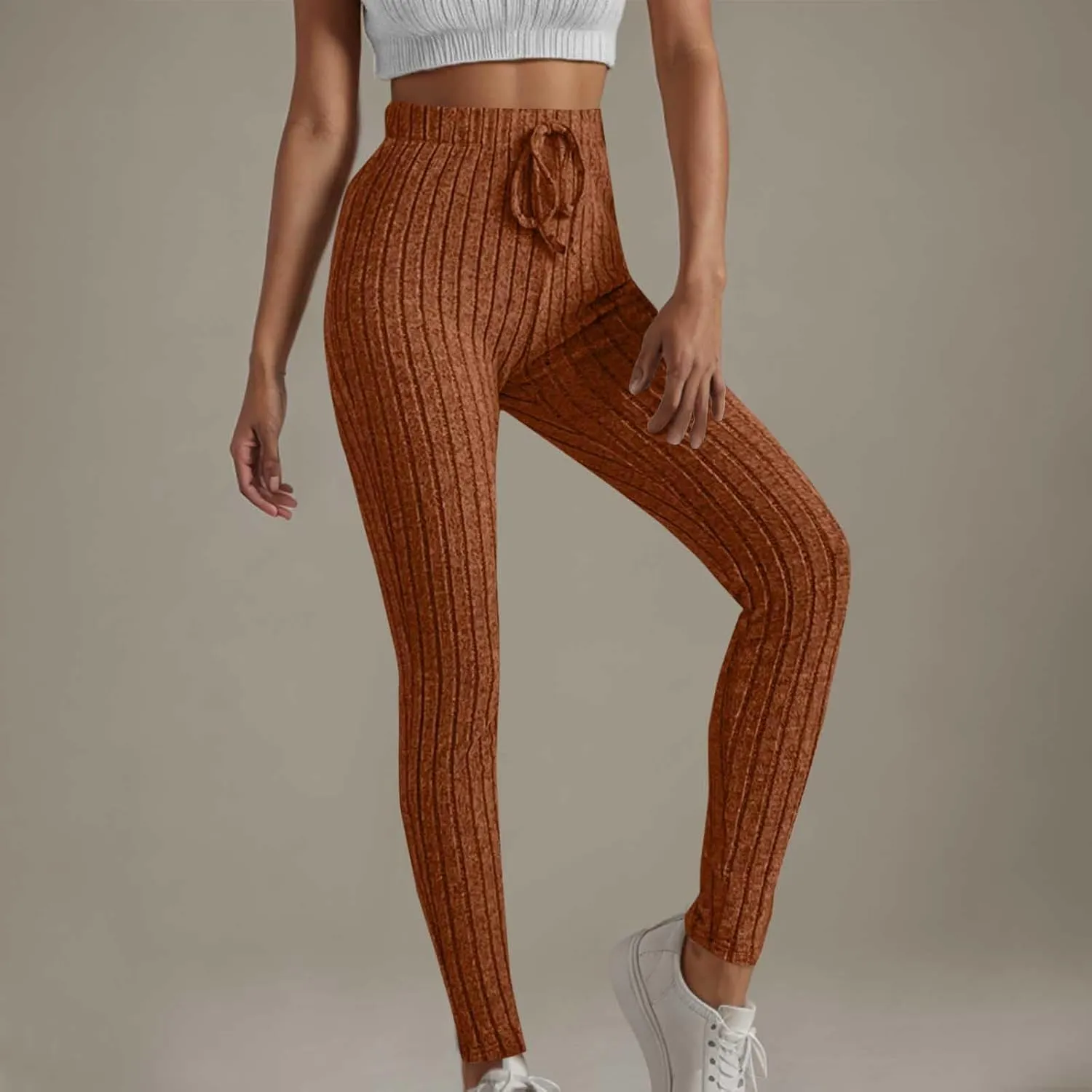 Ribbed Knit Pants for Women 2024 Casual Solid Drawstring Waist Trousers Loose High Waist Tight Hip Lifting Stretch Yoga Pant