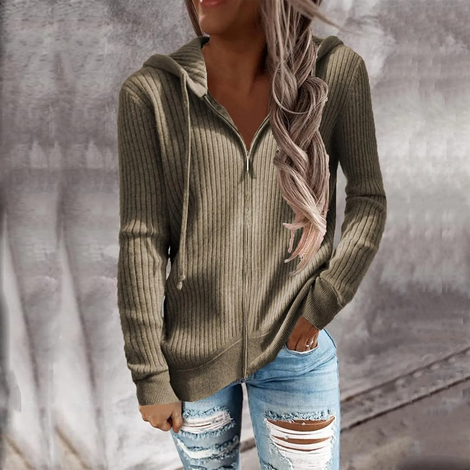 RMXEi Long Sleeve Open Front Cardigans For Women Casual Knit Zip Up Hooded Outwear Sweatshirt Coat