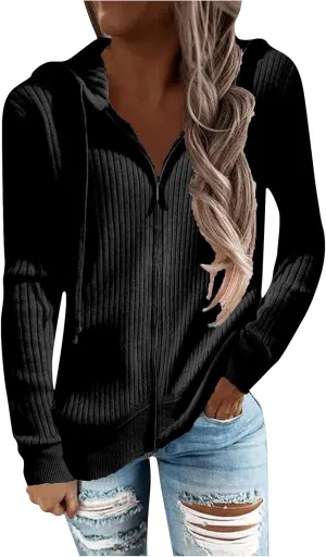RMXEi Long Sleeve Open Front Cardigans For Women Casual Knit Zip Up Hooded Outwear Sweatshirt Coat