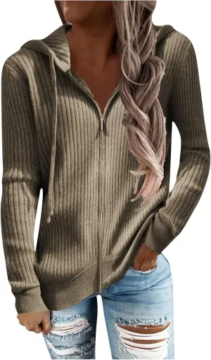 RMXEi Long Sleeve Open Front Cardigans For Women Casual Knit Zip Up Hooded Outwear Sweatshirt Coat