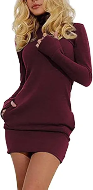 RMXEi Women's Sweatshirt Hoodie - Pullover Turtleneck Mini Dress, Winter Casual Hoodie