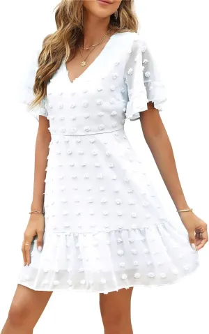 ROYLAMP Women's Cute Swiss Dot Dress V-Neck Ruffle Short Sleeve Summer Casual Flowy Shift Mini Dresses