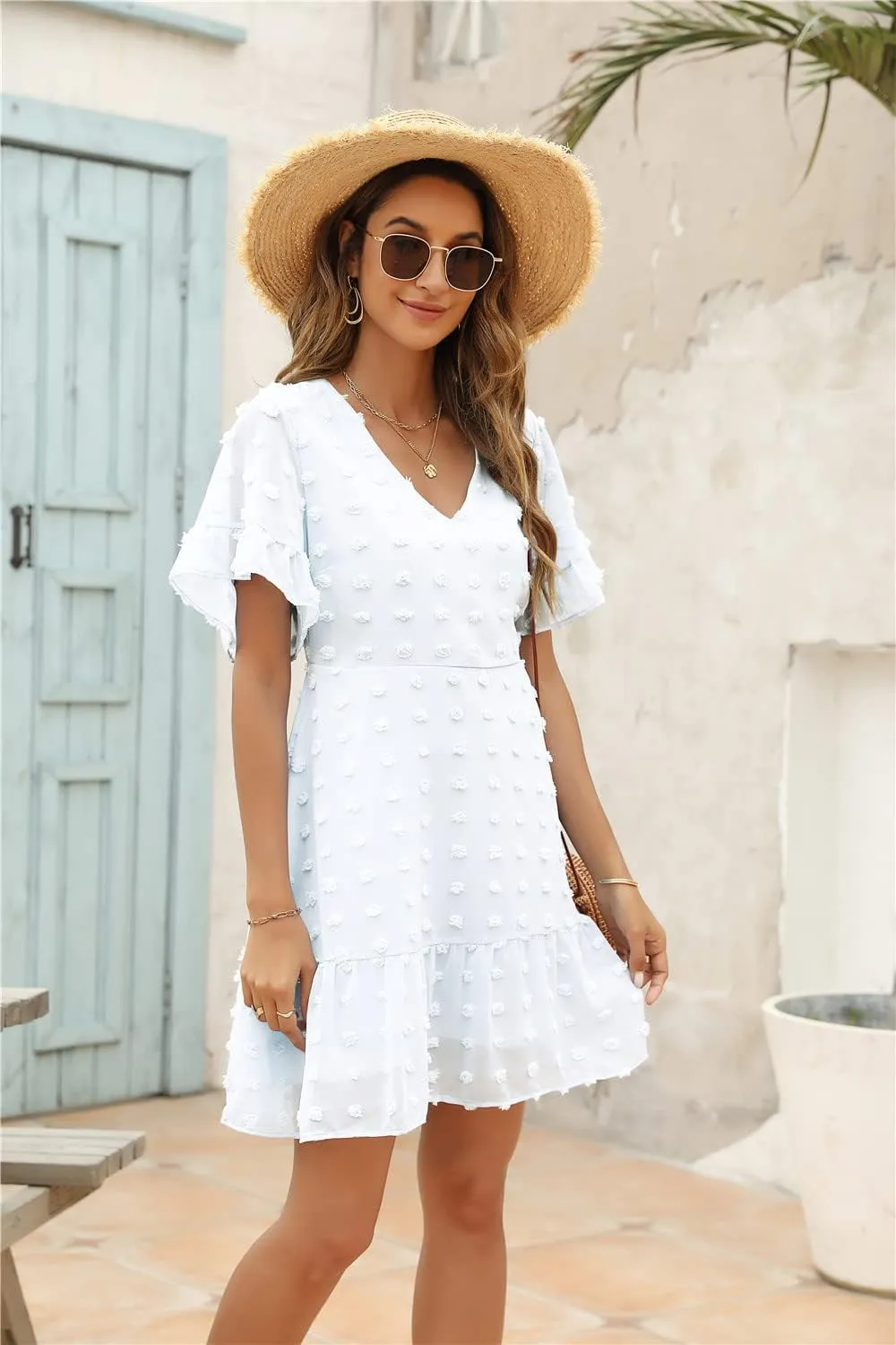 ROYLAMP Women's Cute Swiss Dot Dress V-Neck Ruffle Short Sleeve Summer Casual Flowy Shift Mini Dresses