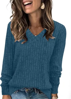 SAMPEEL V Neck Long Sleeve Shirts for Women Casual Fall Tops Lightweight Tunic Sweaters Fashion Clothes 2025