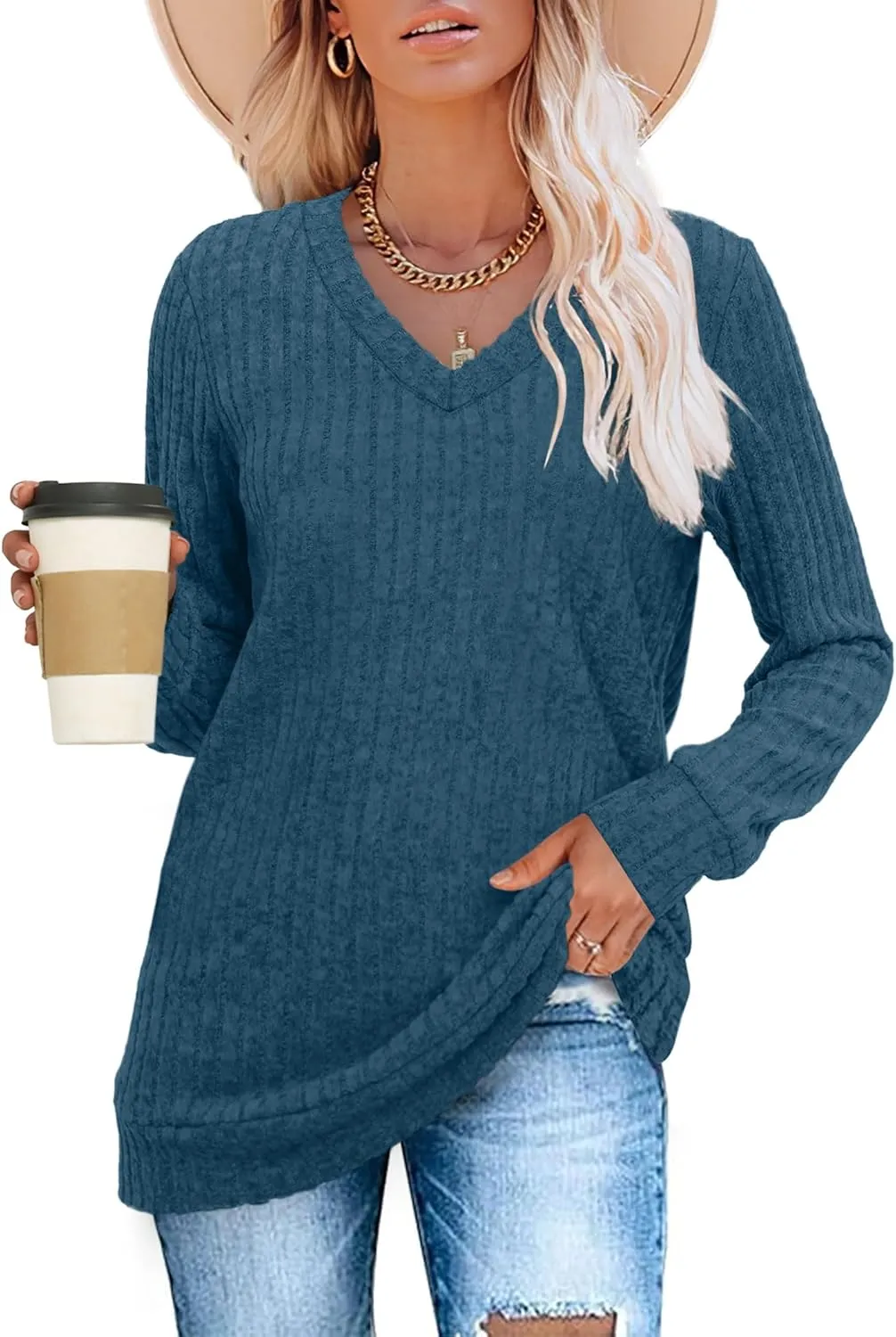 SAMPEEL V Neck Long Sleeve Shirts for Women Casual Fall Tops Lightweight Tunic Sweaters Fashion Clothes 2025