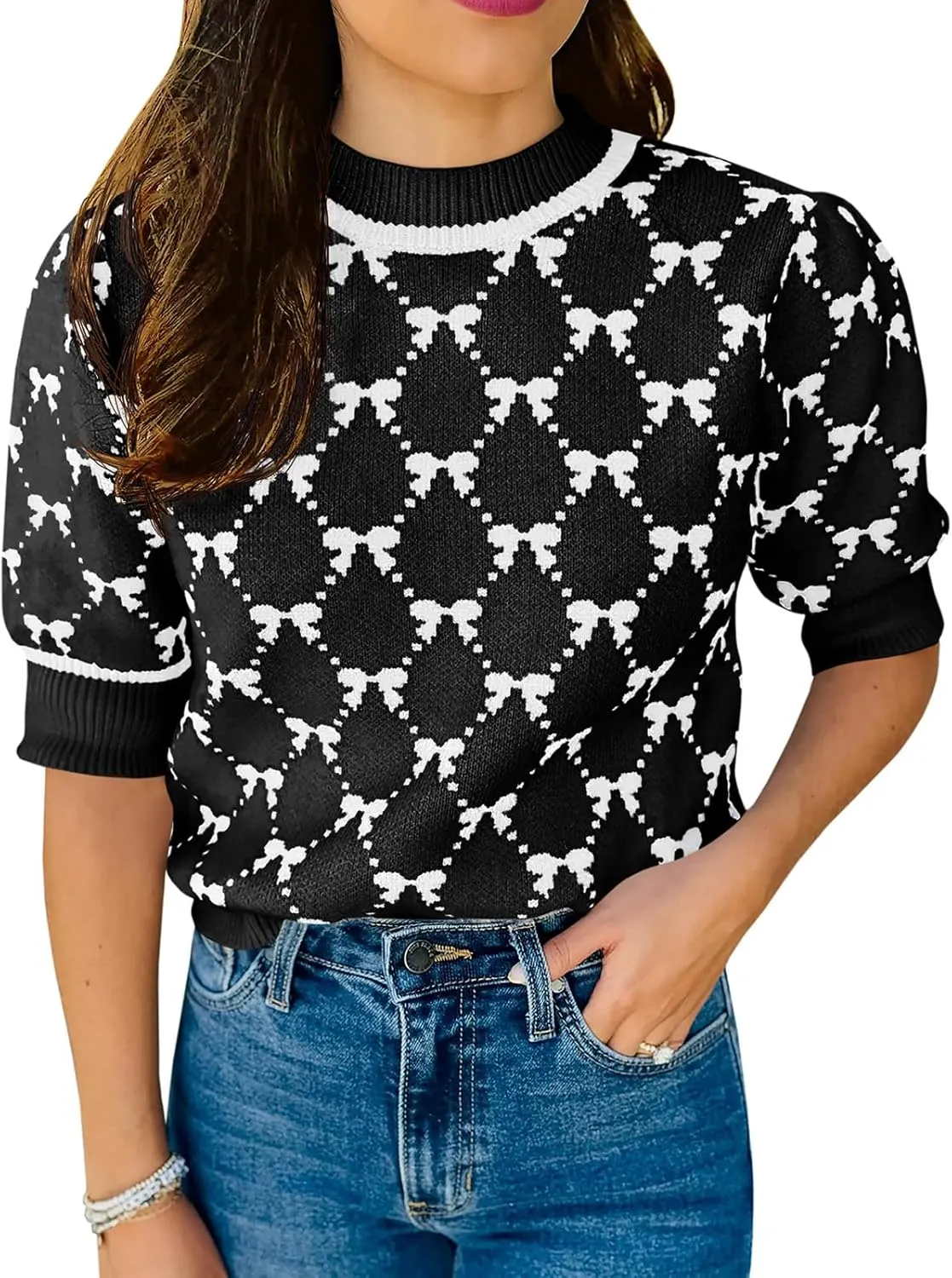 Saodimallsu Womens Puff Short Sleeve Sweater Cute Bow Knit Casual Crew Neck Loose Fit Summer Trendy Pullover Tops