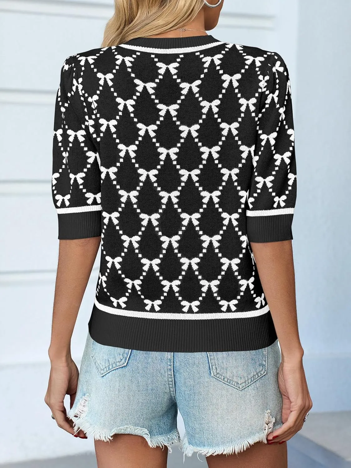 Saodimallsu Womens Puff Short Sleeve Sweater Cute Bow Knit Casual Crew Neck Loose Fit Summer Trendy Pullover Tops
