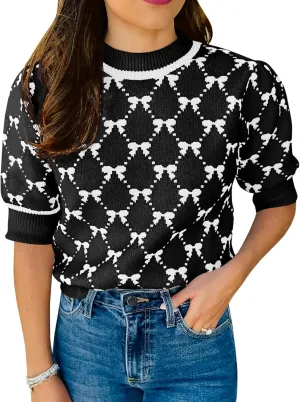 Saodimallsu Womens Puff Short Sleeve Sweater Cute Bow Knit Casual Crew Neck Loose Fit Summer Trendy Pullover Tops