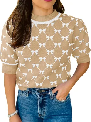 Saodimallsu Womens Puff Short Sleeve Sweater Cute Bow Knit Casual Crew Neck Loose Fit Summer Trendy Pullover Tops