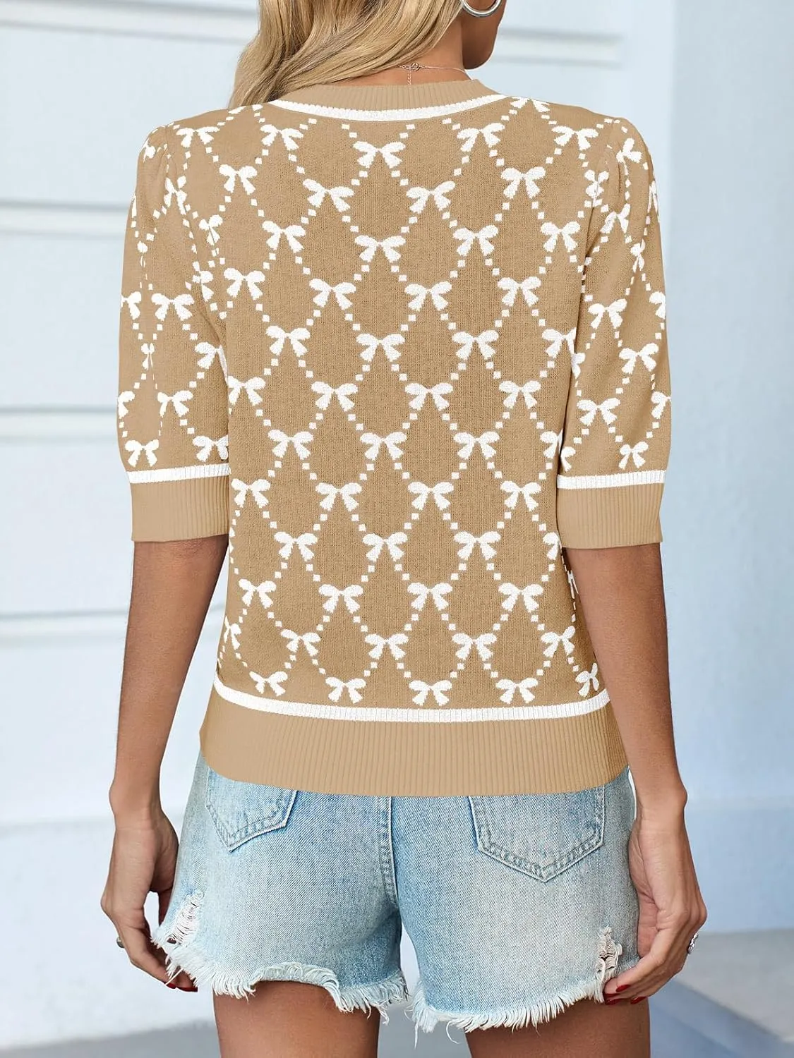 Saodimallsu Womens Puff Short Sleeve Sweater Cute Bow Knit Casual Crew Neck Loose Fit Summer Trendy Pullover Tops