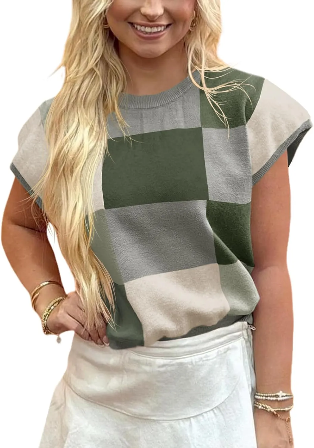 Saodimallsu Womens Short Sleeve Sweater Top Summer Color Block Lightweight Knit Crewneck Going Out Pullover Tops