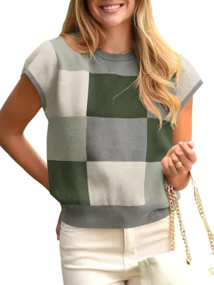 Saodimallsu Womens Short Sleeve Sweater Top Summer Color Block Lightweight Knit Crewneck Going Out Pullover Tops