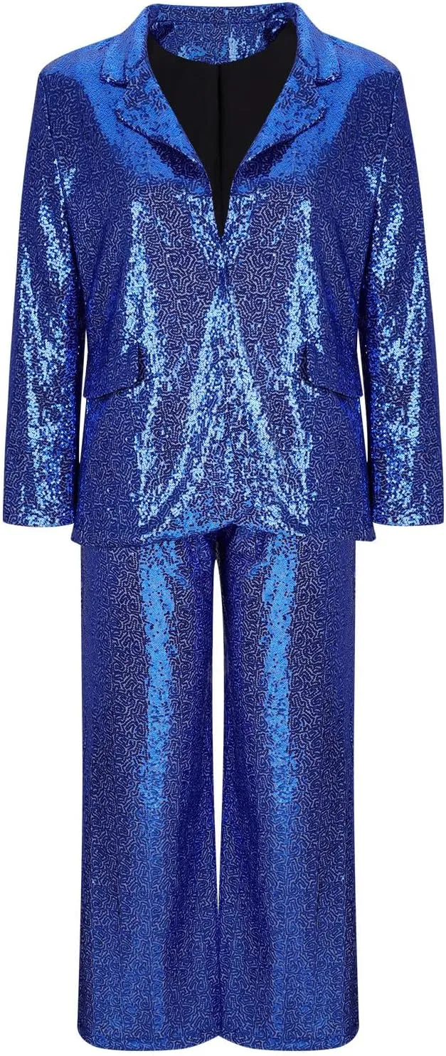 Sequins Blazer Sets for Women 2 Piece Set Slim Fit Long Sleeve Open Front Pant Suits Sparkly Disco Party Outfits