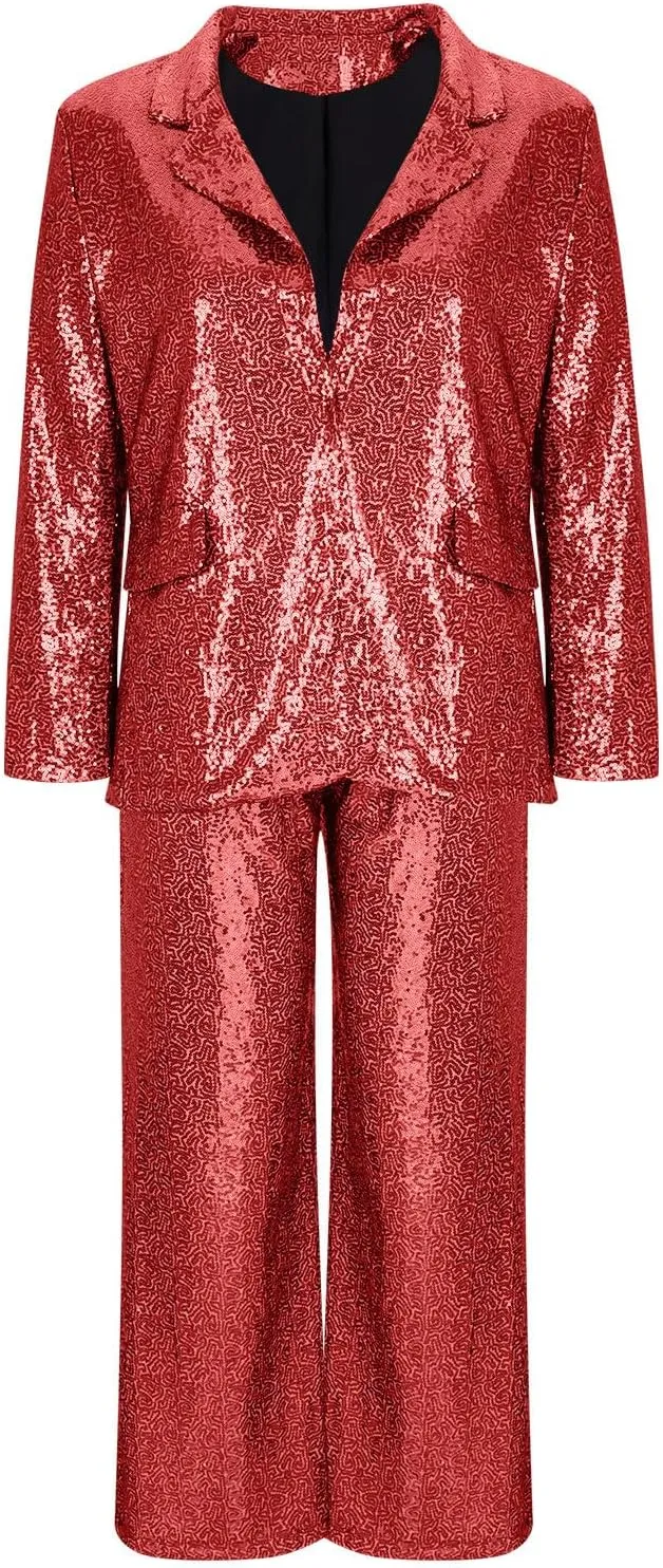 Sequins Blazer Sets for Women 2 Piece Set Slim Fit Long Sleeve Open Front Pant Suits Sparkly Disco Party Outfits