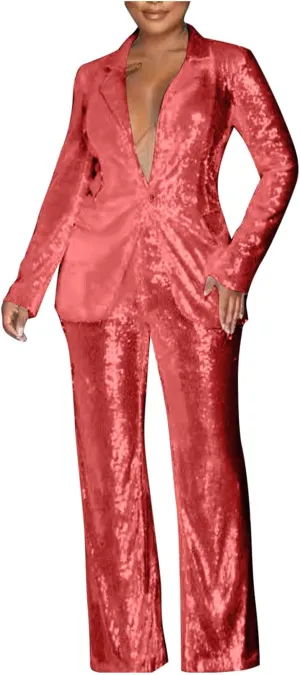Sequins Blazer Sets for Women 2 Piece Set Slim Fit Long Sleeve Open Front Pant Suits Sparkly Disco Party Outfits