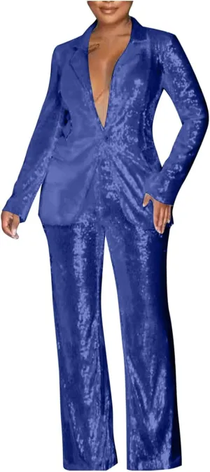 Sequins Blazer Sets for Women 2 Piece Set Slim Fit Long Sleeve Open Front Pant Suits Sparkly Disco Party Outfits
