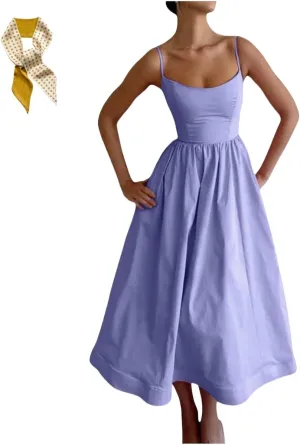 Sexy U Neck Backless Tunic Swing Sundress,Womens Sleeveless Sling Summer Dresses,Low Cut Spaghetti Strap Maxi Skirt