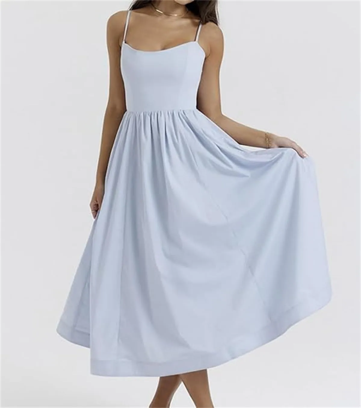 Sexy U Neck Backless Tunic Swing Sundress,Womens Sleeveless Sling Summer Dresses,Low Cut Spaghetti Strap Maxi Skirt